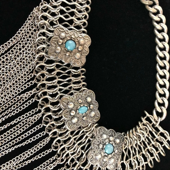 Silver tone faux turquoise multi chain necklace - Picture 4 of 7